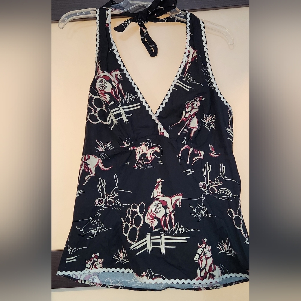 Pinup Couture Halter Top Rare Western Cowboy Print With Cute Ric Rac Trim 2x